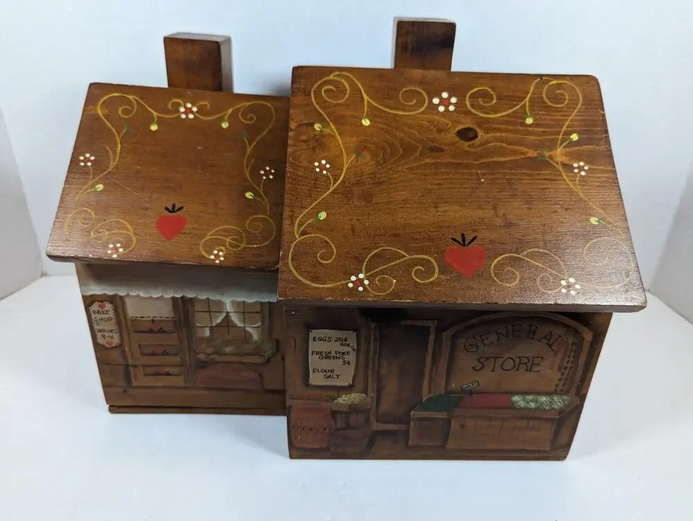 Hand Painted Wood General Store Kitchen Storage Box With Removeable Lids Vintage